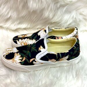 Bucket Feet Black and White Floral Slip-On Sneakers
